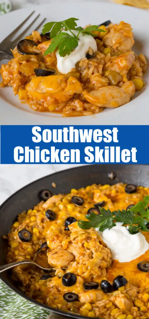 mexican chicken an rice in a skillet