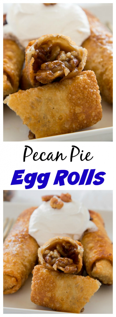 Pecan Pie Egg Rolls - instead of traditional pecan pie, turn it into something fun.  Gooey pecan pie filling inside of a crispy egg roll and topped with whipped cream!