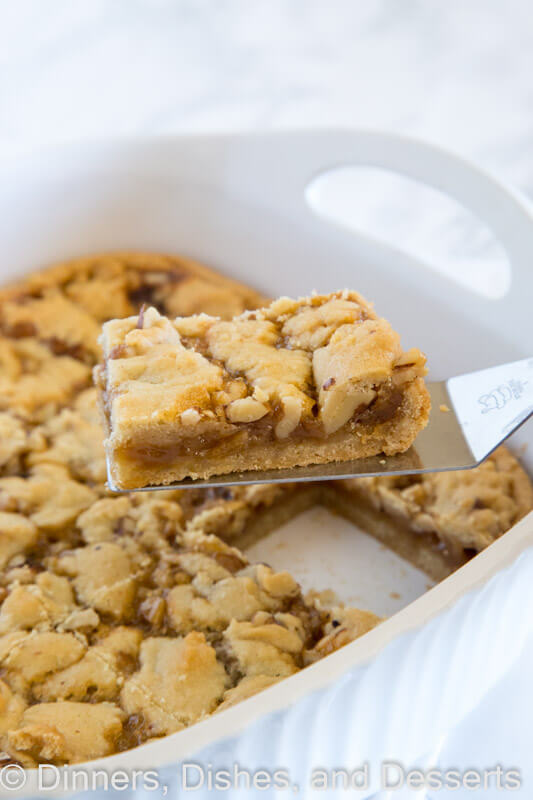 salted caramel crumble bars in a pan