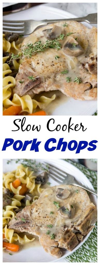 close up of slow cooker pork chops on a plate with other food
