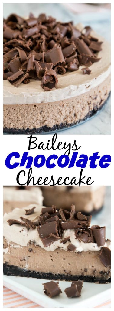 Baileys Chocolate Cheesecake - a rich  and creamy chocolate cheesecake with the great taste of Baileys Irish Cream. Topped with Baileys whipped cream and plenty of chocolate shavings!