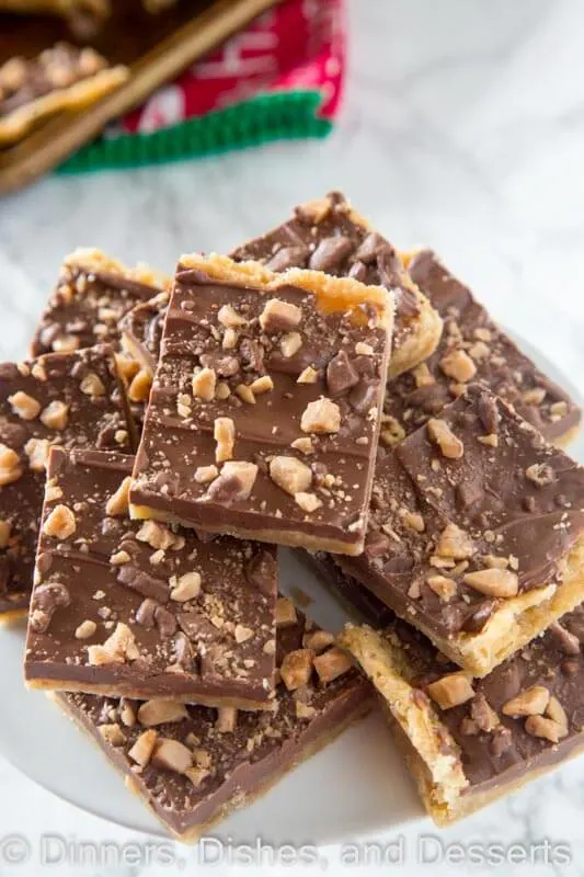 chocolate toffee bars on a plate