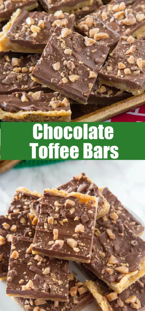 chocolate toffee bars sliced on a plate
