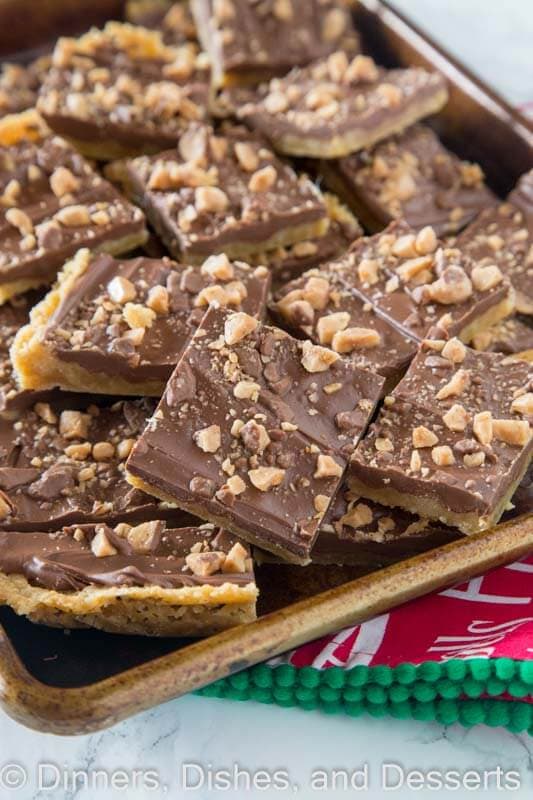 chocolate toffee bars on a board