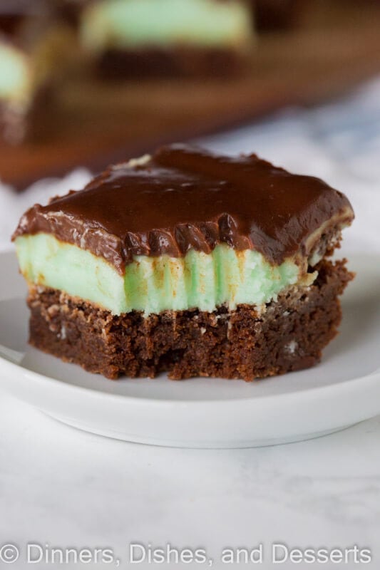 Grasshopper Brownies - fudgy brownies with minty butter cream frosting and topped with a chocolate ganache.