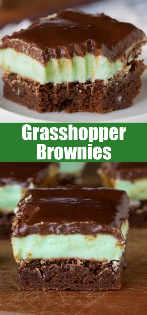 grasshopper brownies close up on a cutting board for pinterest