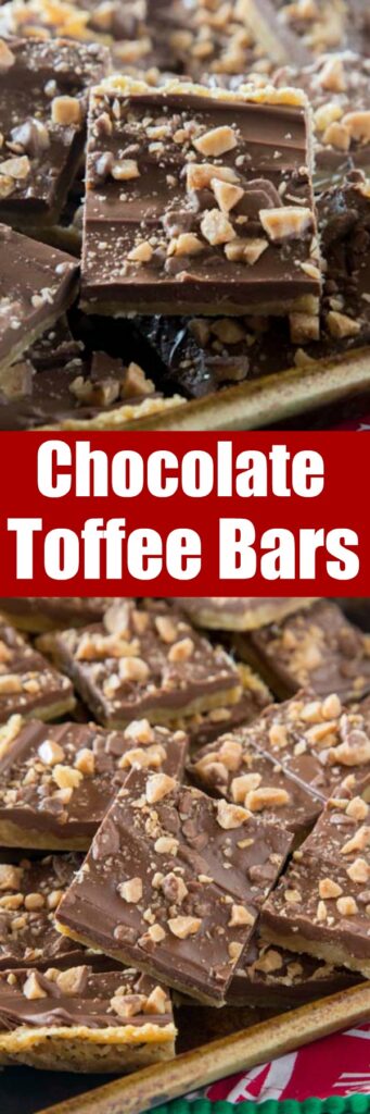 close up of chocolate toffee bars on a board