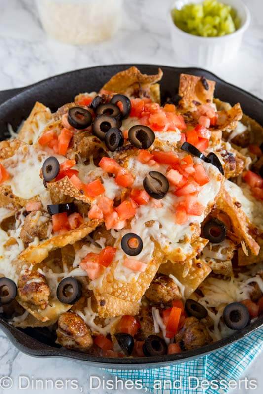 Italian nachos with sausage in a bowl