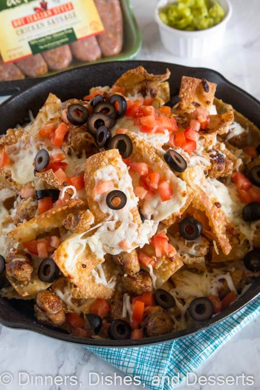 Italian nachos with sausage in a bowl