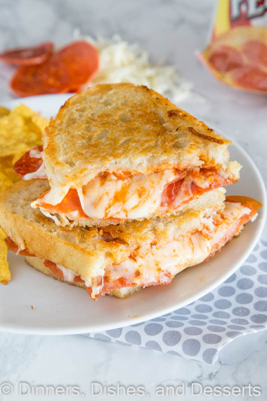 Pepperoni pizza grilled cheese on a plate