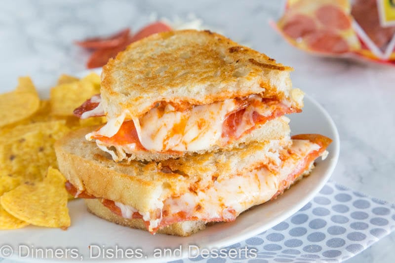 Pepperoni pizza grilled cheese on a plate