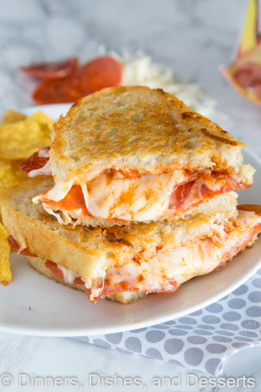 Pepperoni pizza grilled cheese on a plate