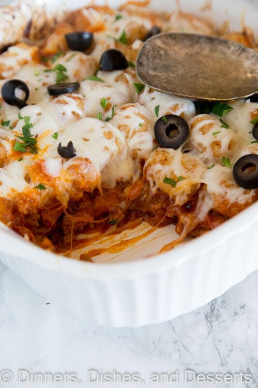 tater tot casserole in a dish 