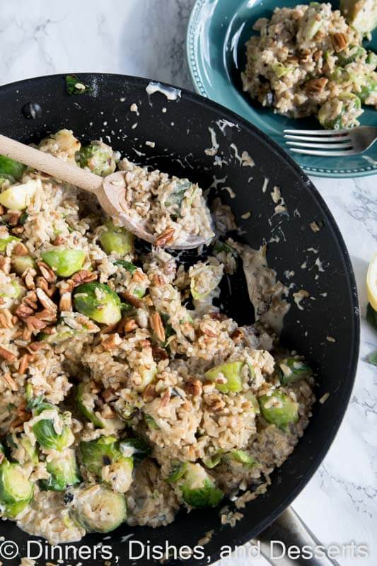 Short Cut Risotto with Brussels Sprouts - get creamy risotto in minutes using a simple short cut. Plus it is actually pretty good for you!