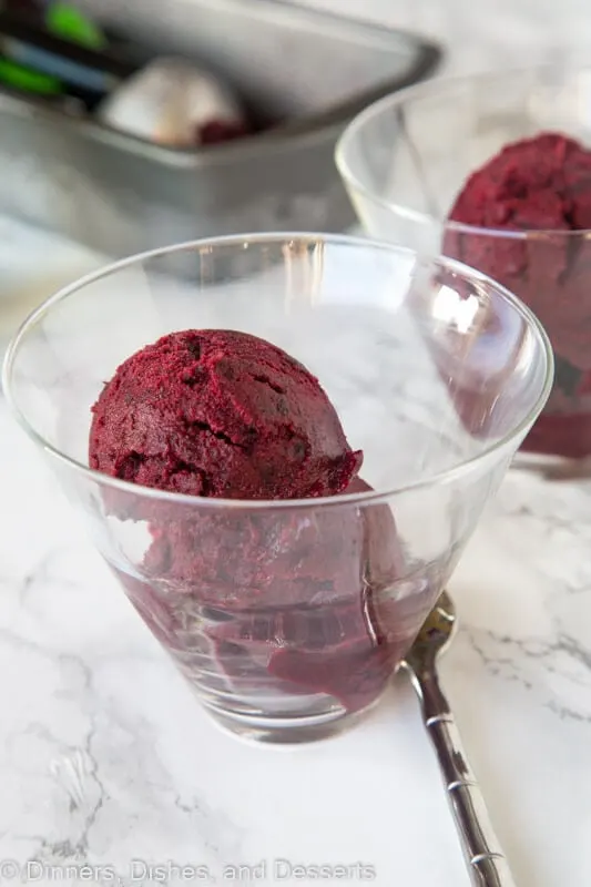 Black Cherry Sorbet - a slightly sweet, tangy and refreshing cherry sorbet. Served with prosecco or sweet sparkling wine for a fun grown up treat.
