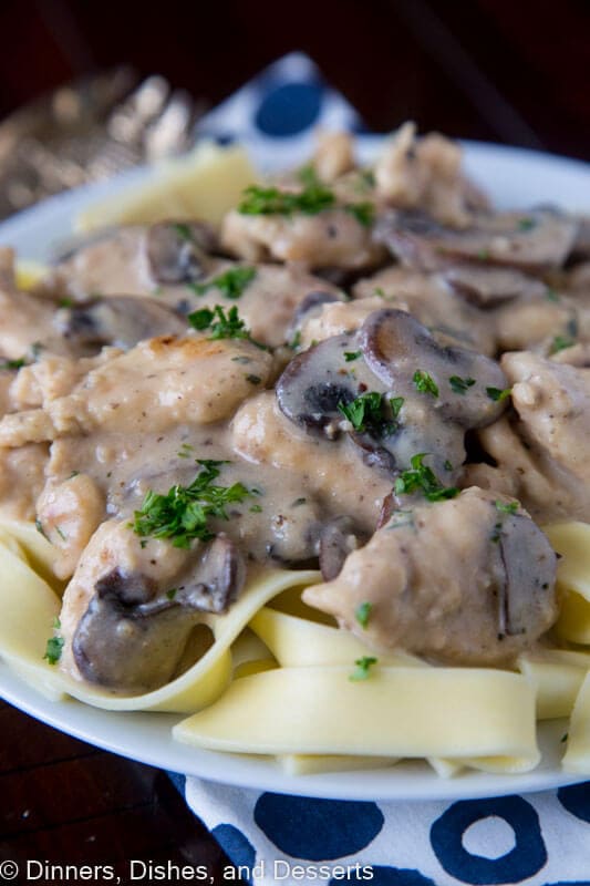 Creamy Chicken Stroganoff - tender chicken in a creamy mushroom sauce over egg noodles. Mix up the protein from classic beef stroganoff recipes.