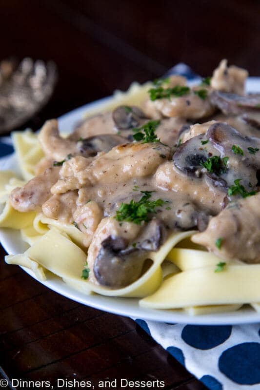 A close up of a plate of food with chicken, mushrooms, and pasta