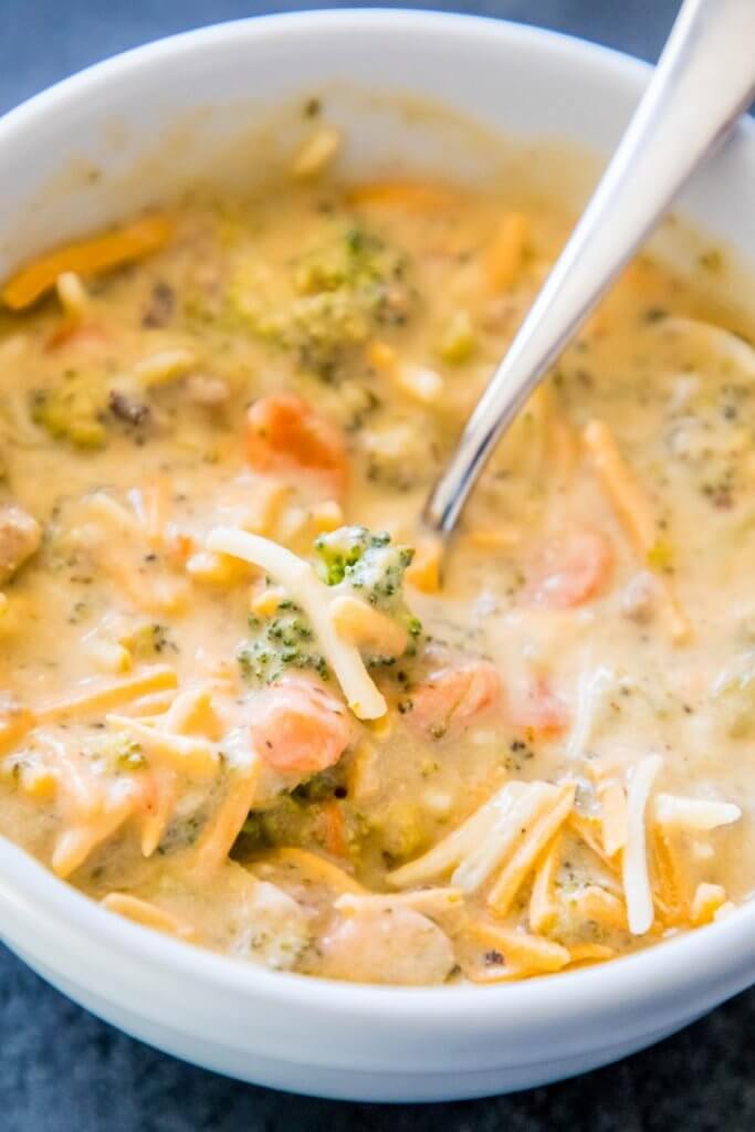 Slow Cooker Creamy Sausage and Broccoli Cheese Soup {Sweet C's}