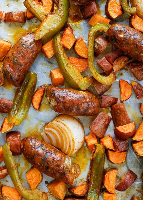 Roasted Sausage with Sweet Potatoes and Peppers {Barefeet in the Kitchen}