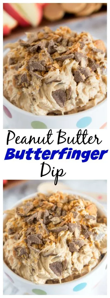 Peanut Butter Butterfinger Dip – creamy peanut butter dip with lots of crushed Butterfinger candy mixed in. Perfect with apple slices, Nilla wafers, or just a spoon!