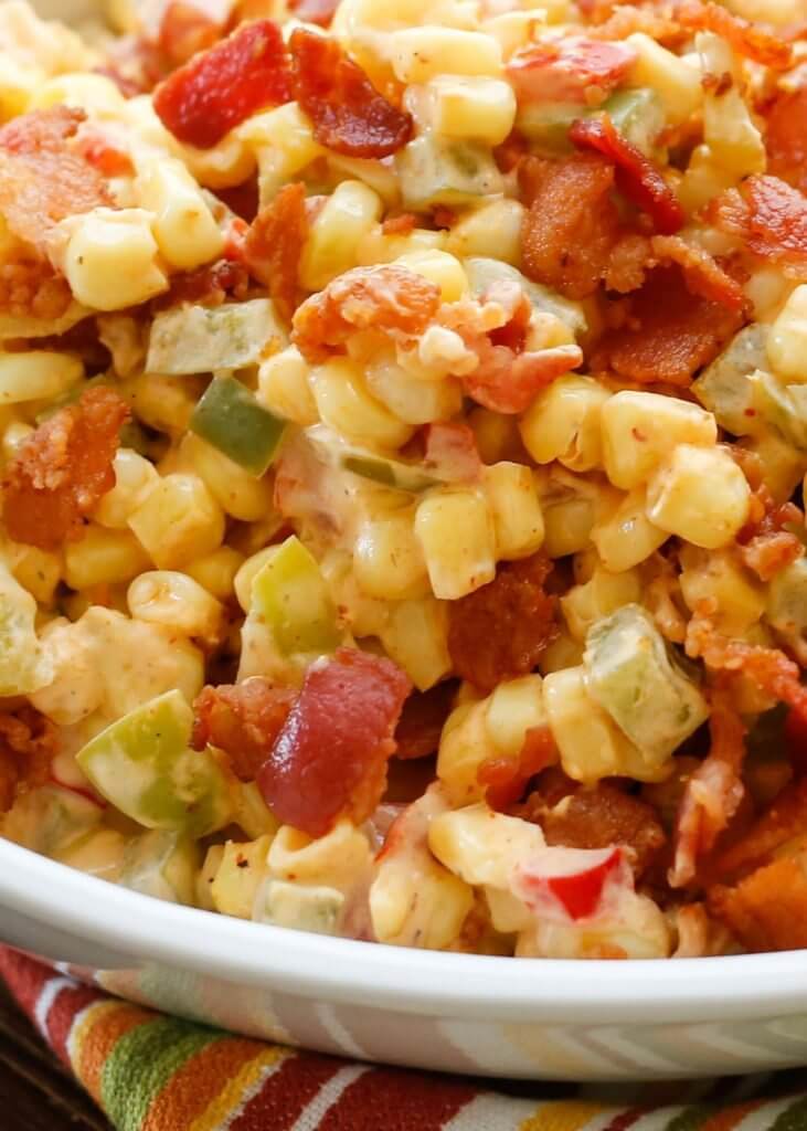Creamed Corn with Peppers and Bacon {Barefeet it the Kitchen}