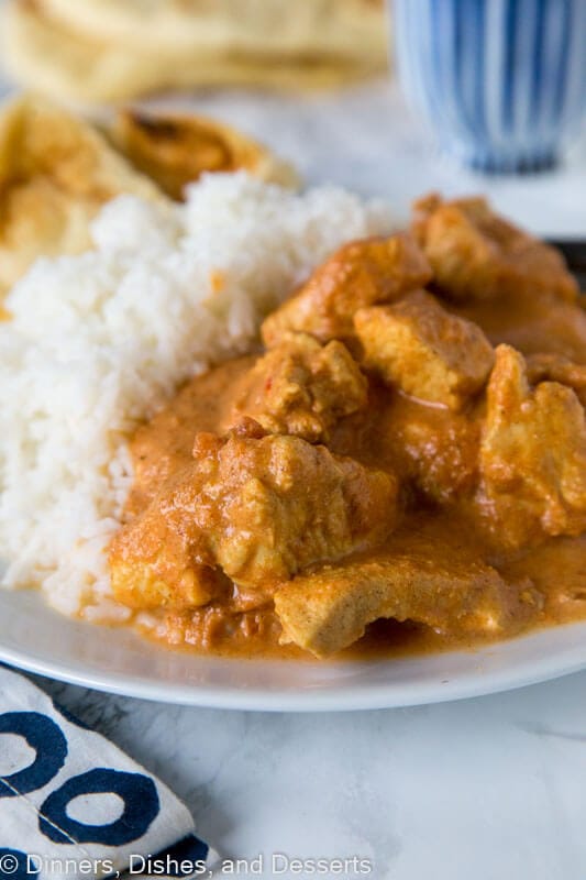 A close up of a plate of food, with Butter and Butter chicken