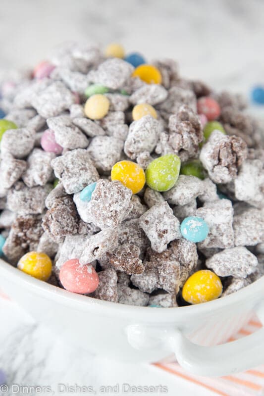A close up of muddy buddies with easter M&M\'s