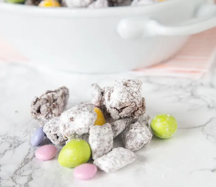 muddy buddies with easter M&M's on a table