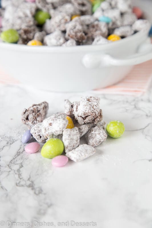 muddy buddies with easter M&M\'s on the table