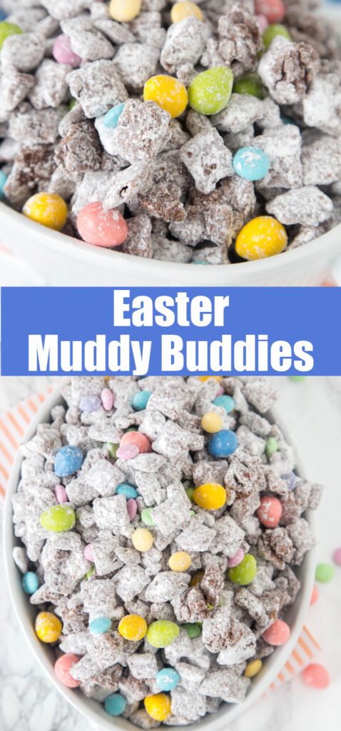 muddy buddies in a bowl with M&M's in it