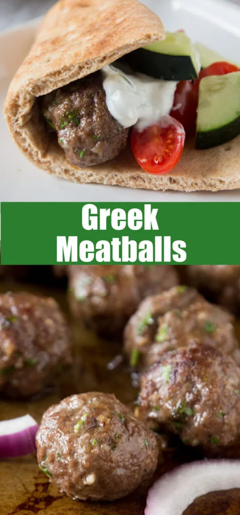 greek meatballs close up with tzatziki sauce