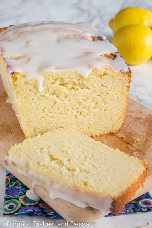 sliced lemon pound cake on a cutting board