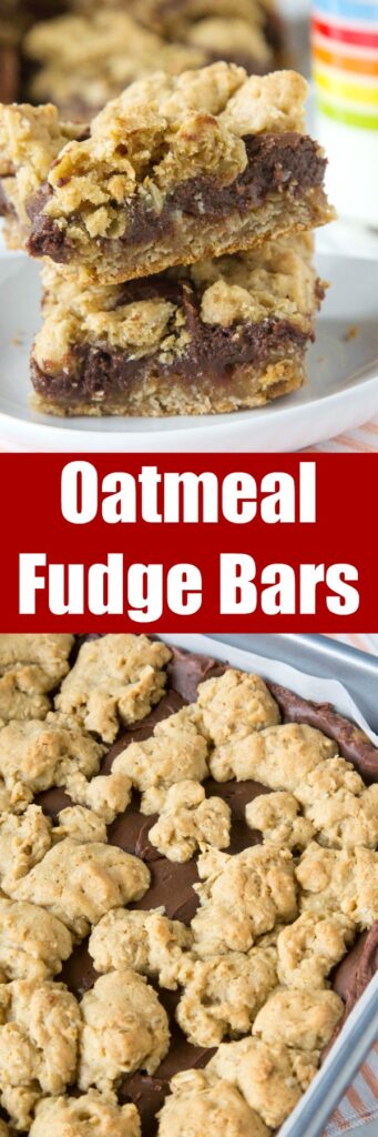 Oatmeal Fudge Bars - oatmeal cookie bars topped with a layer of rich chocolate fudge and then more oatmeal cookie.