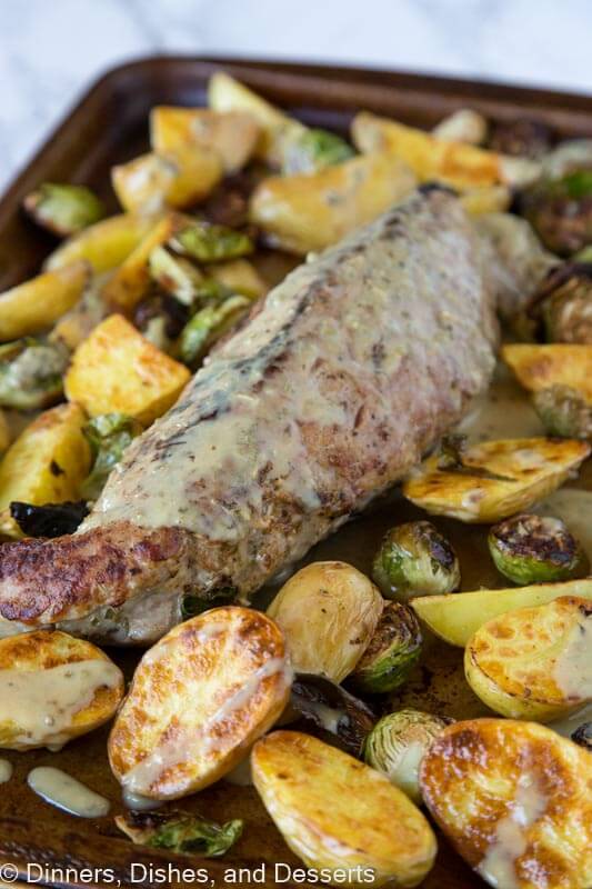sheet pan with Pork tenderloin with potatoes and brussels sprouts