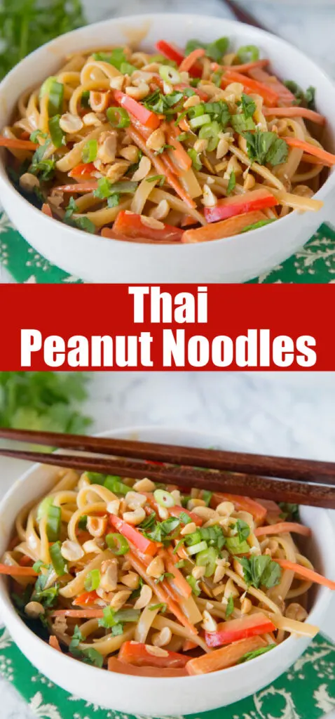 close up thai peanut noodles in a white bowl