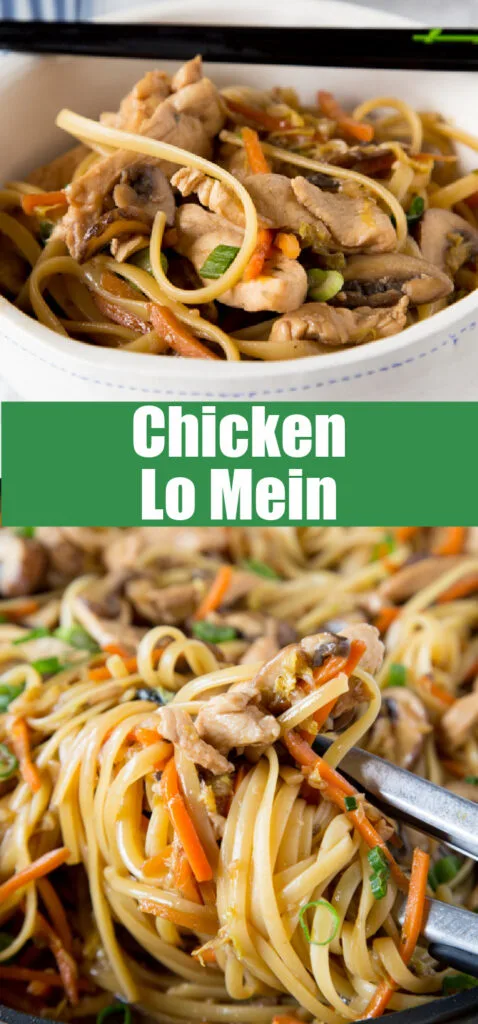 chicken lo mein close up in a skillet