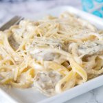 Fettuccine Alfredo with Chicken Sausage - thick and creamy fettuccine alfredo made quick and easy with roasted garlic chicken sausage.