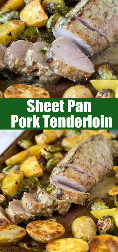 close up pork tenderloin with potatoes and vegetables on a sheet pan