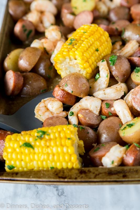 sheet pan with corn, shrimp, sausage, potatoes