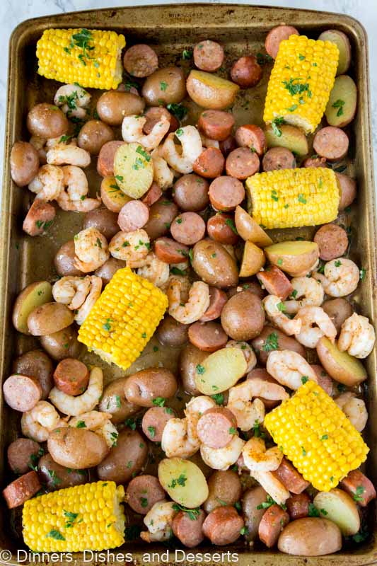 sheet pan with corn, shrimp, sausage, potatoes
