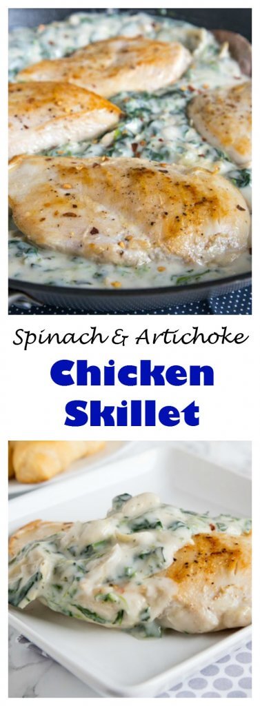 skillet of chicken with spinach artichoke sauce