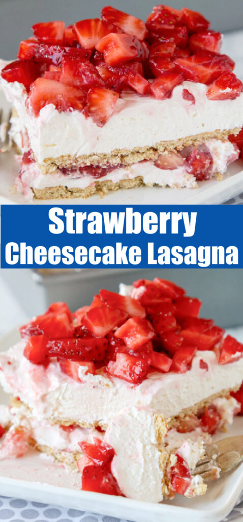 close up strawberry cheesecake lasagna on a white plate