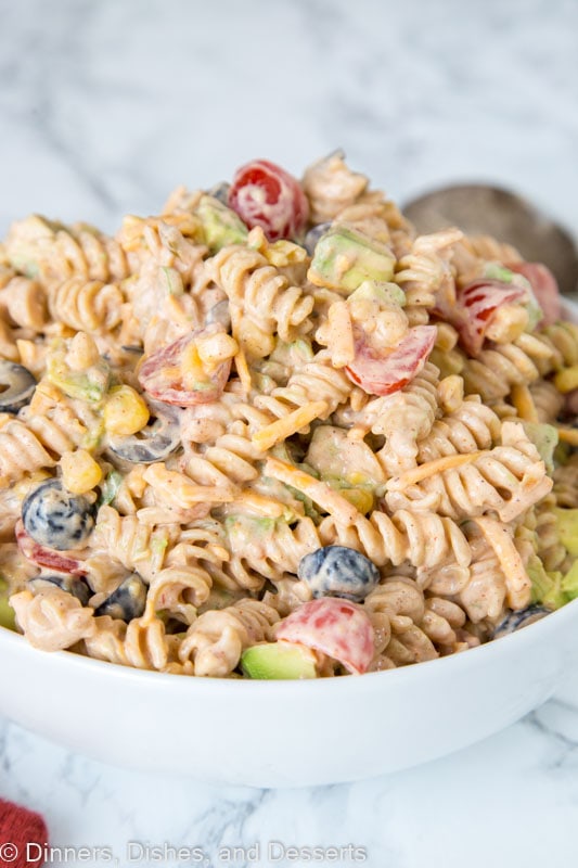 a bowl of taco pasta salad