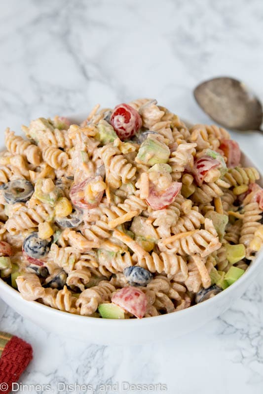 a bowl of taco pasta salad