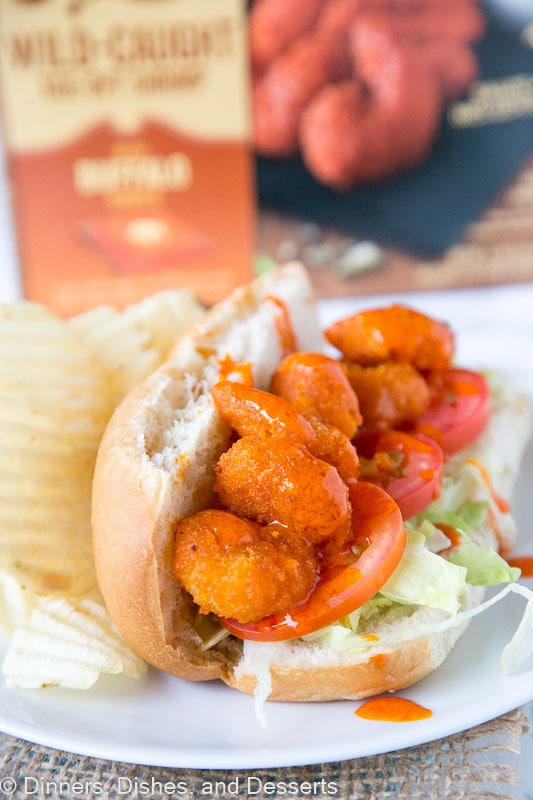 A close up of food on a plate, with Shrimp and Po\' boy