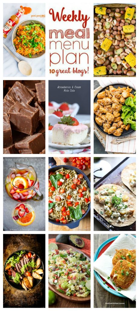 Weekly Meal Plan Week 100- 10 great bloggers bringing you a full week of recipes including dinner, sides dishes, and desserts!