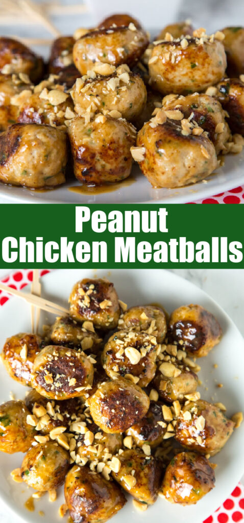 chicken meatballs with peanut sauce close up for pinterest