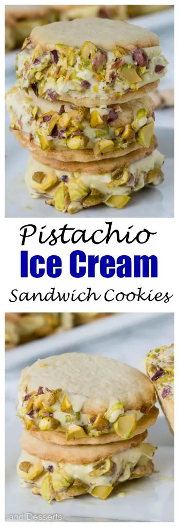 A close up of pistachio cookies with pistachio ice cream