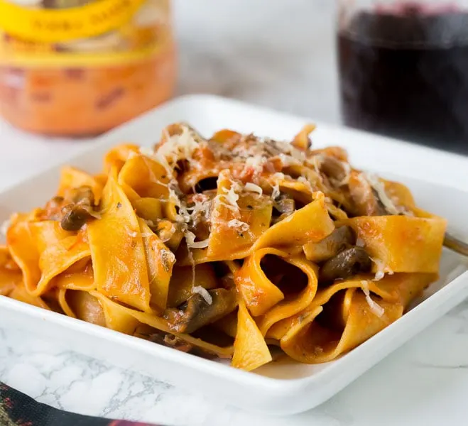 Pappardelle Pasta in Mushroom Sauce - a hearty thick cut pasta in a classic mushroom sauce. Inspired by Italy, made at home in under 30 minutes! 