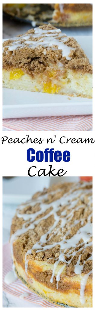 peach coffee cake on a plate with vanilla glaze